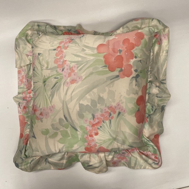 CUSHION, Floral Pink and Green w Frill